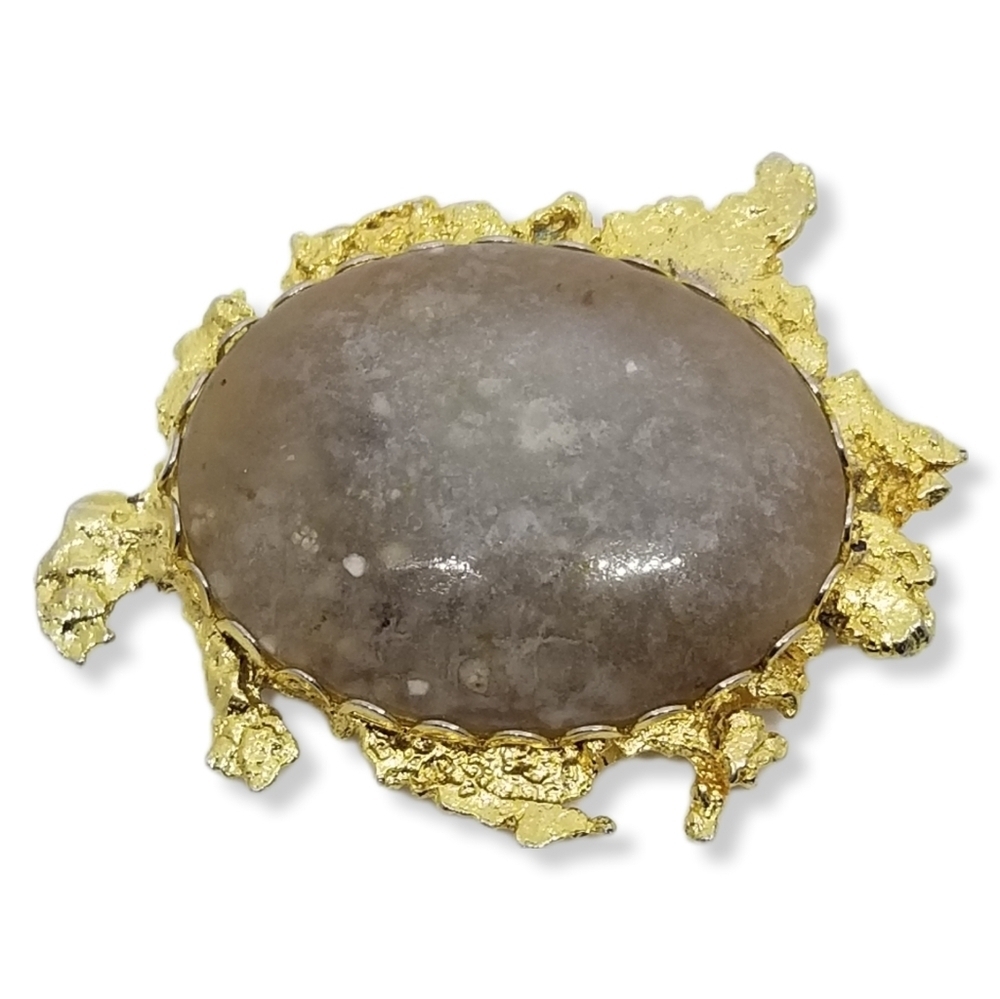 Vintage Goldplated Nugget Style  Large Polished Agate Stone Statement Brooch